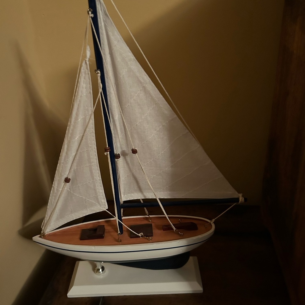 Nautical Wooden Sailboat Model Decor - White and Blue - Picture 7 of 7